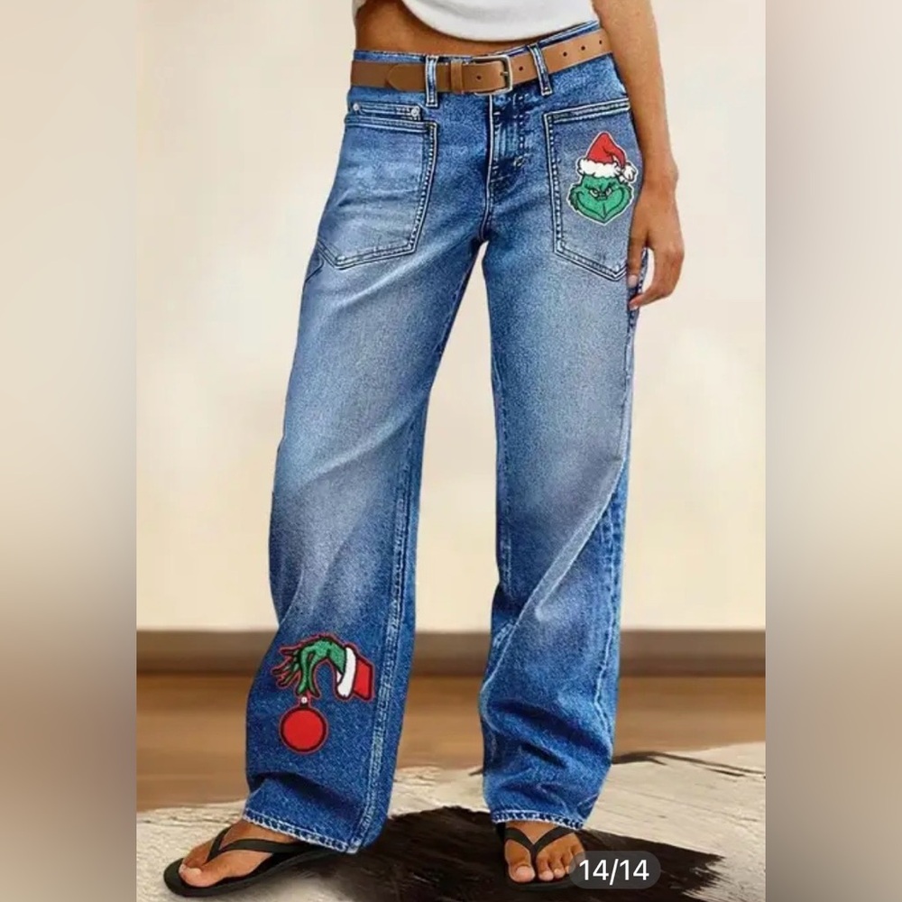 Flamingals Grinch Embroidery Pocket Mid Rise Straight Leg Jeans